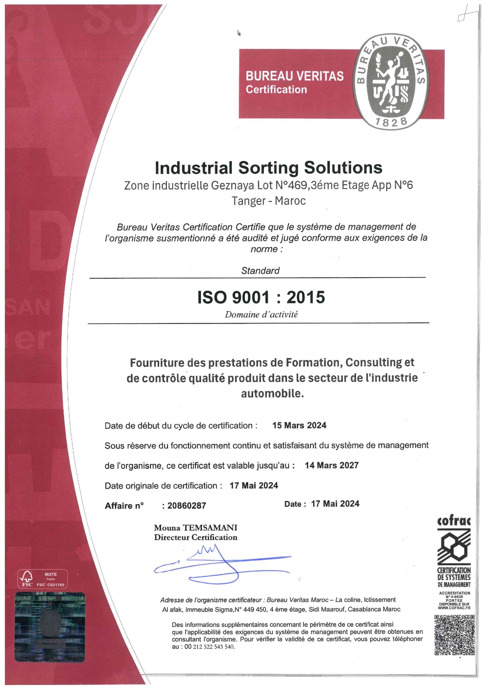 ISO 9001:2015 certificate issued by Bureau Veritas to Industrial Sorting Solutions